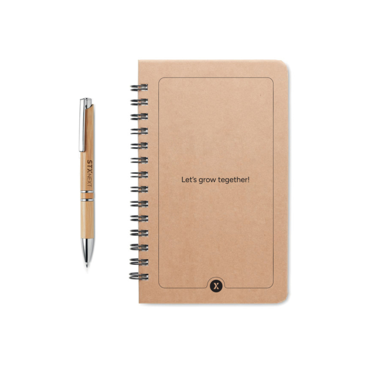 Bamboo pen with laser engraving and pine seed notebook with presonalization made by screen printing, eco welcome pack